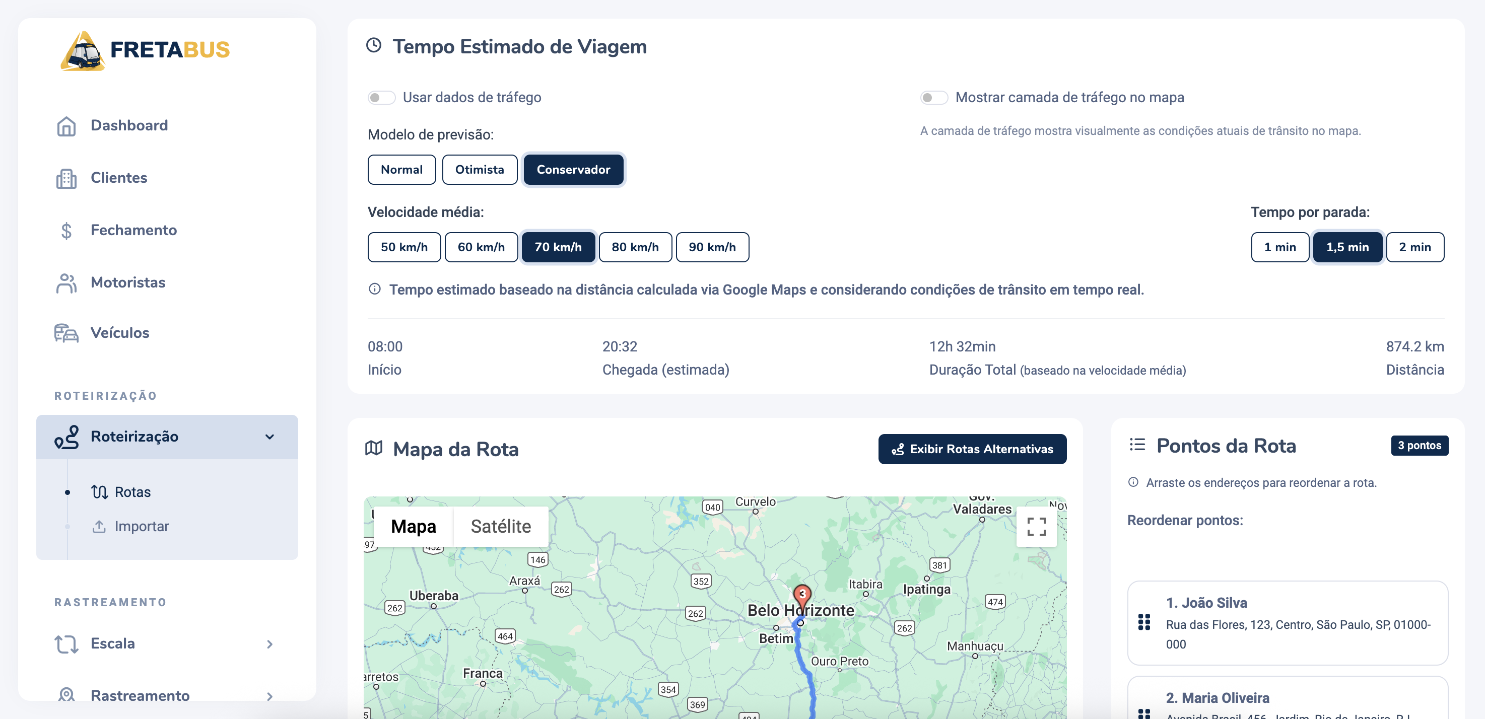 Screenshot FretaBus - Roteirização