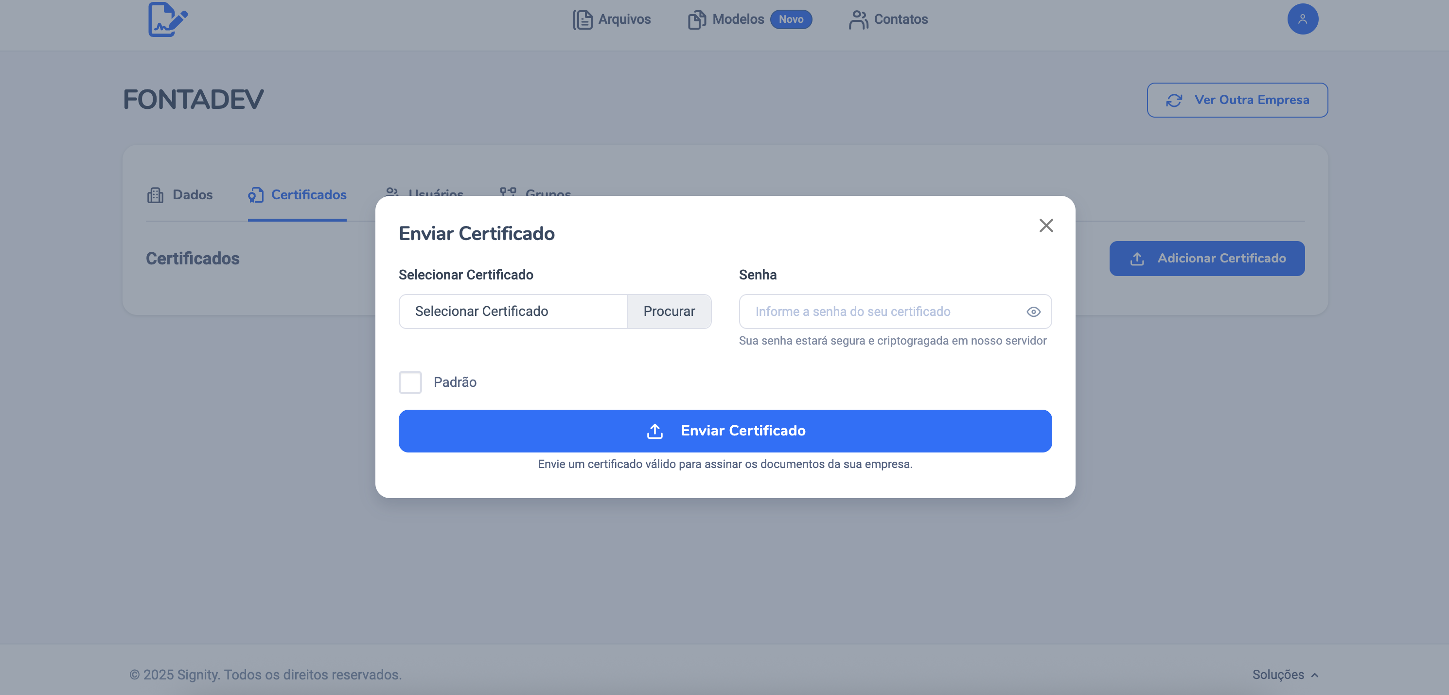 Screenshot Signity - Envio de Certificado