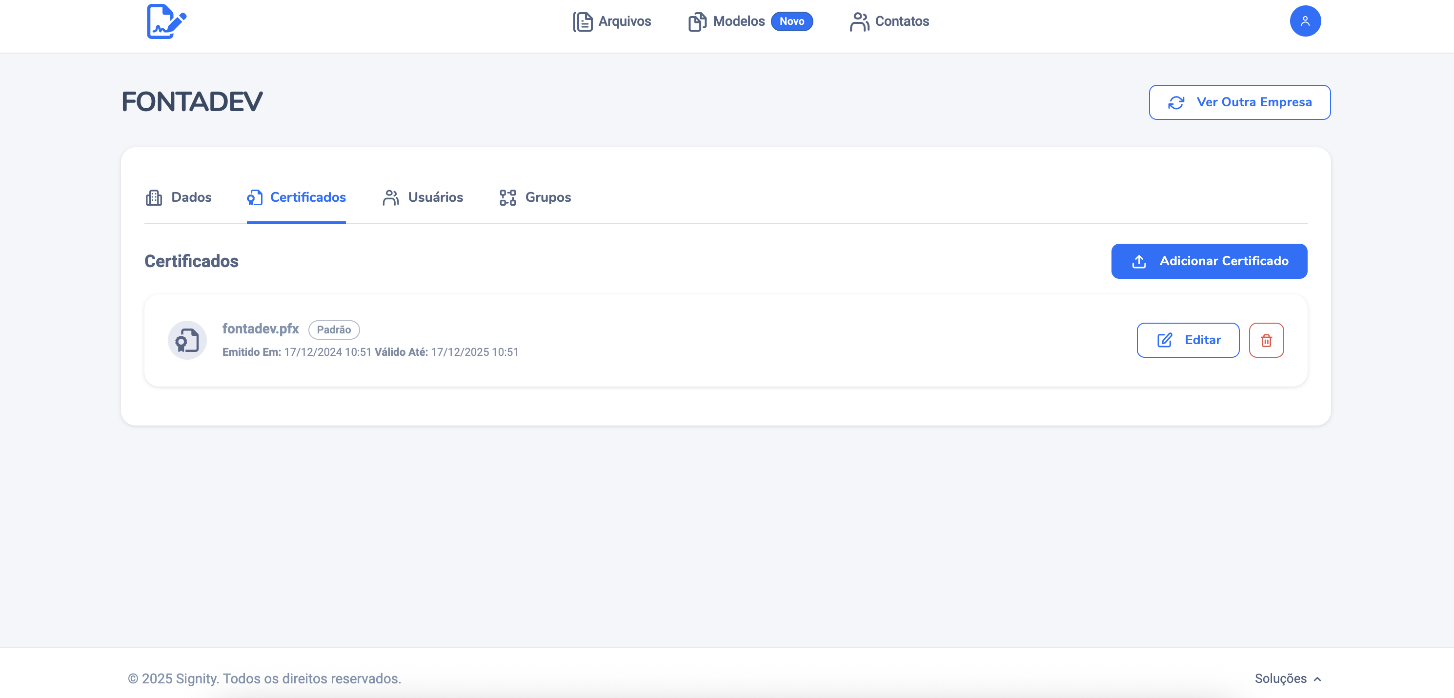 Screenshot Signity - Módulo de Gestão de Certificados